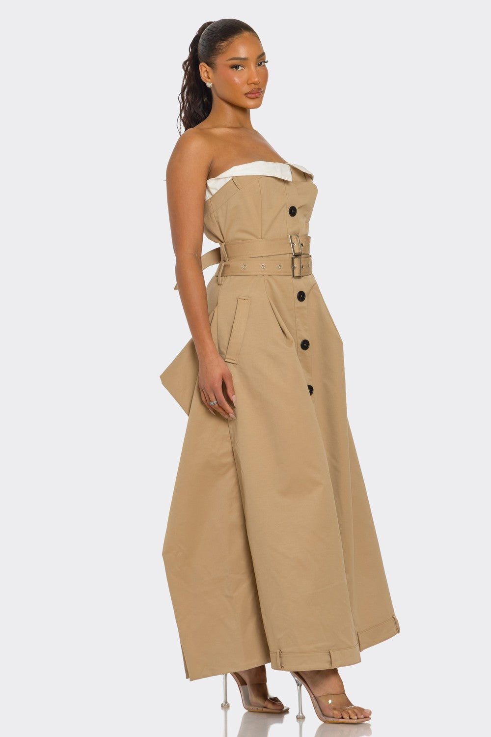Strapless Belted Trench Maxi Dress