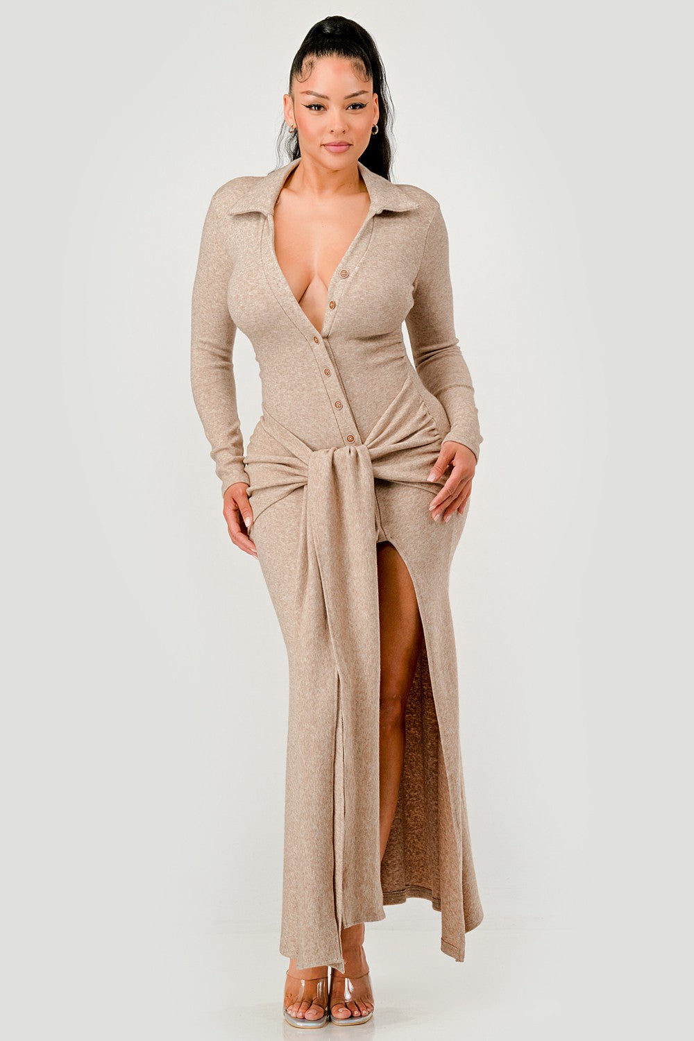 Knit Collar Tie Front Maxi Dress