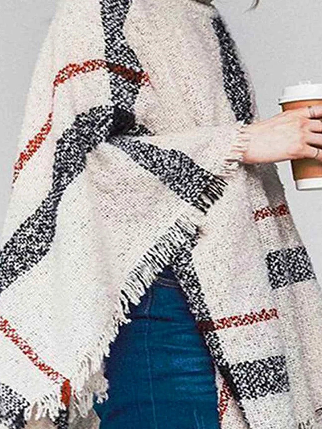Plaid Turtleneck Raw Hem Poncho