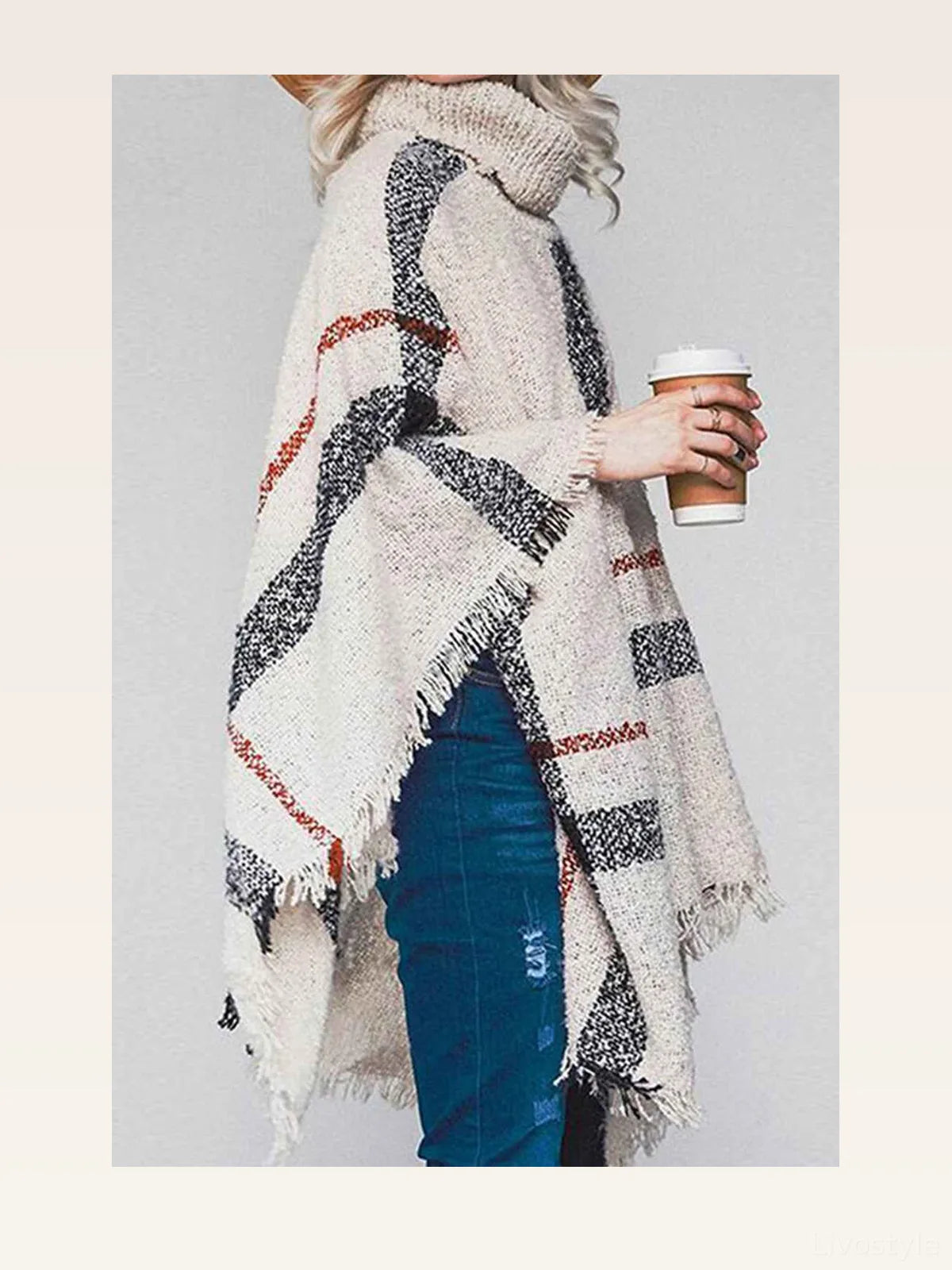 Plaid Turtleneck Raw Hem Poncho